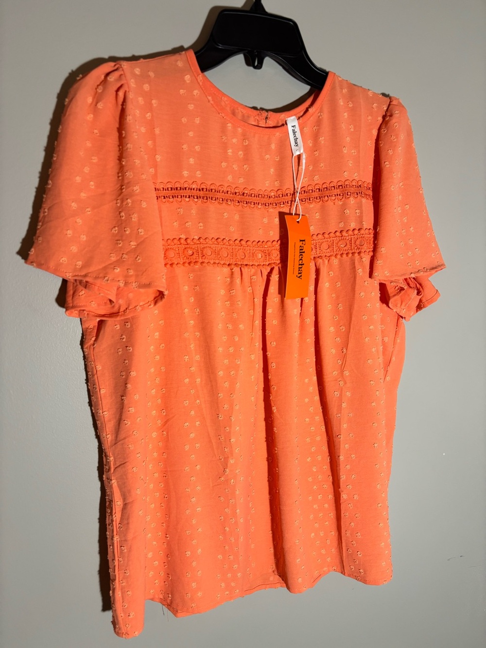 Falechay Swiss Dot Babydoll Blouse Orange Crochet Trim Large NWT